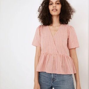Madewell Crossover Peplum Top in Textured Gingham Check
